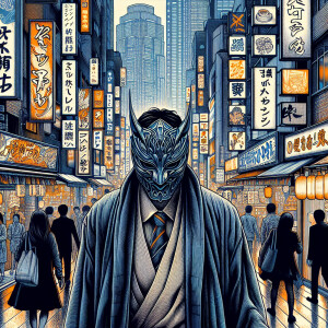 Draw a Masked Man walking down the streets of Tokyo Japan
