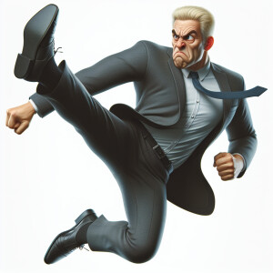 Trump jumping up into the air kicking out.