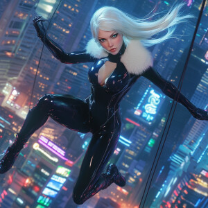 A dynamic scene of a platinum blonde woman in a sleek, black for...