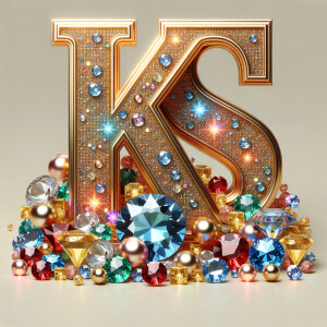 Create a 3-D realistic image with the letters  K.S. in gold raised letters , Add diamonds and colorful jewels