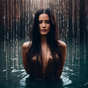 Fair-skinned woman with dark long wet hair, elegant and composed...
