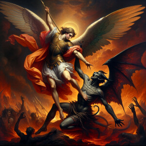 Archangel Michael defeating Lucifer. Lucifer looking dark and de...