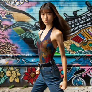 Very thin Athletic Thin skinny Attractive, Asian teenage girl, long brown hair and bangs, wearing tight skinny jeans and a halter top paint marks on her clothing, heroic sideways pose Asian graffiti background