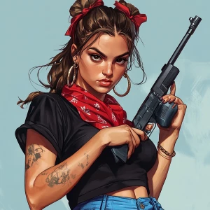 Lucia from GTA, girl with brown hair, thick eyebrows, pumped up...