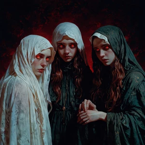 Three ghostly women, red eyes, red tears, pale skin, dark backgr...