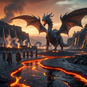 Ultra-photorealistic, cinematic wide establishing shot of a volc...
