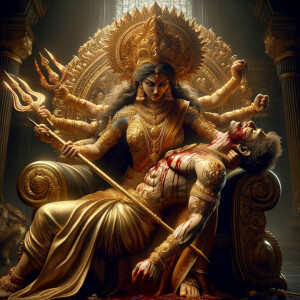 portrait of angry looking goddess durga sitting on a gold crown...