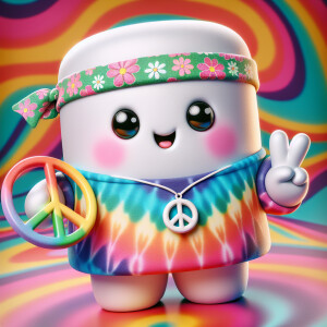 3d animated marshmallow dressed as a hippie
