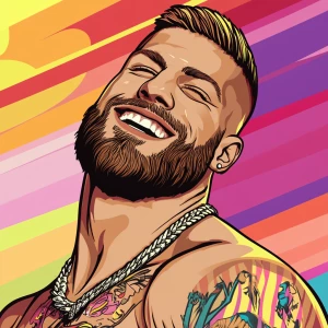 White muscular thin man with beard, big chin, smile and cheekbon...