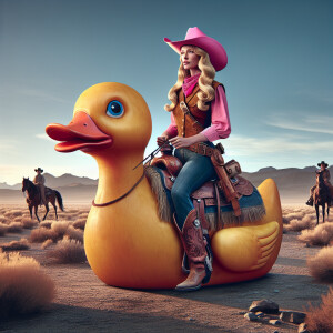 Photorealistic image. Blonde cowgirl in pink hat riding somethin...