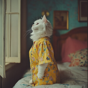 A white cat wearing a yellow floral patterned nightgown is stand...