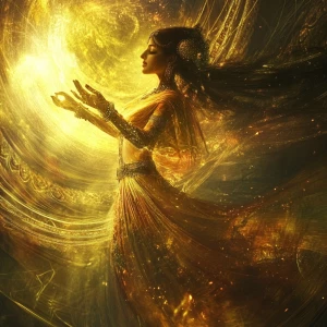 A shimmering apparition of a Indian goddess, her ethereal form b...
