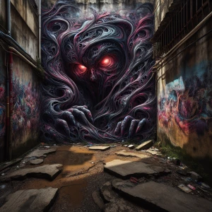 Twisted, nightmarish graffiti covering a decaying urban alleyway, dripping and pulsating with unnatural colors; a shadowy figure with glowing red eyes lurks in the background.