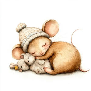 mouse
 curled up sleeping with a tiny teddybear and wearing a n...