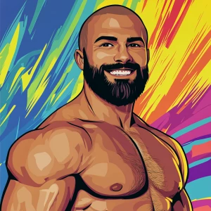 White muscular thin man with beard, big chin, smile and cheekbon...