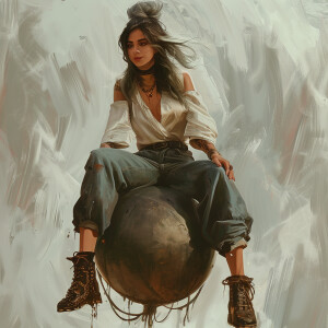 A brunette with grey streaks sitting on top of a cannonball swin...
