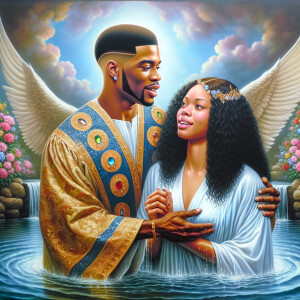 An oil painting depicting a light-skinned African-American pasto...