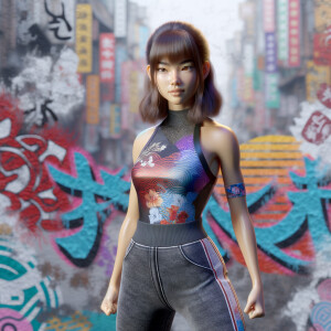 Athletic Thin skinny Attractive, Asian teenage girl, long brown hair and bangs, wearing tight skinny jeans and a halter top paint marks on her clothing, heroic pose Asian graffiti background