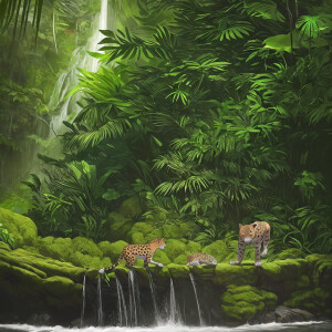 [Jaguar with green eyes stalking prey]::7 [detailed vegetation a...