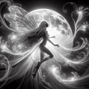 A ethereal wisp of a nymph dances amongst moonlit tendrils, her...