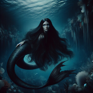 A mermaid with pale skin and cold eyes. Long dark hair. A big ta...