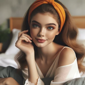 Make a cute sexy lady whit light green eyes and tangarine headba...