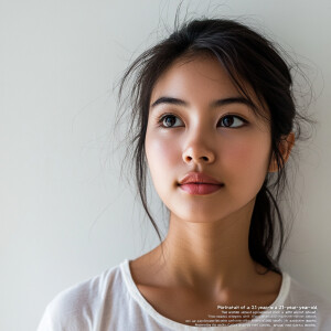 "Portrait of a 21-year-old Thai woman with a youthful, baby-face...