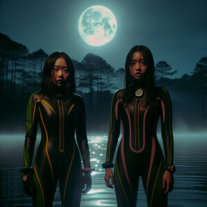 Two girls in a hydro suit stand with their backs to the lake in...