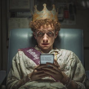 A hyper-realistic, comically exaggerated photo of a 26-year-old...