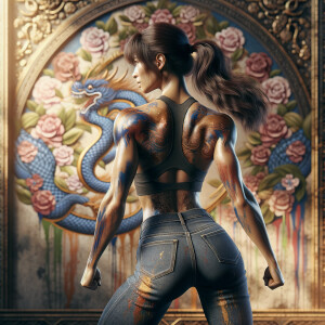 Athletic Thin skinny Attractive, Asian teenage girl, long brown hair and bangs, wearing tight skinny jeans and a halter top paint marks on her clothing, heroic pose Asian graffiti background, backside view