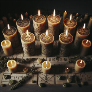 Show sigil engraved candles covered in oils and herbs all lit in...