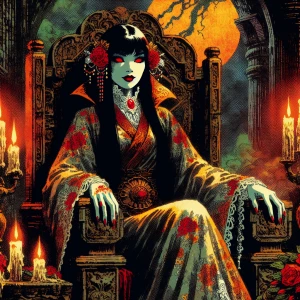 A vampire woman seated on a gothic throne, her piercing red eyes glowing softly as candlelight flickers around her