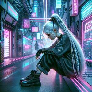 A girl with beautiful long white hair and two braided braids, bl...