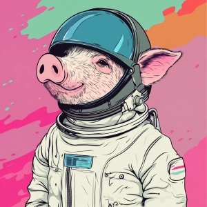 Cute cartoon pig in vintage white spacesuit and NASA style helme...