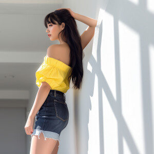 Capture the elegance of a fair-skinned woman with dark long hair...