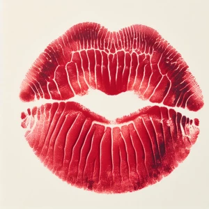 Kiss print, made with closed mouth, puckered lips. Deep red prin...