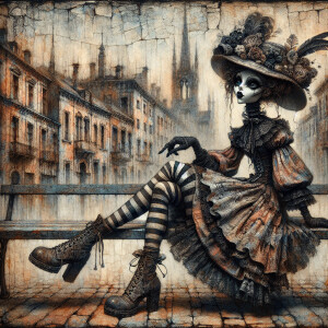 "peeling cracked muted color paint, stylized female character wi...