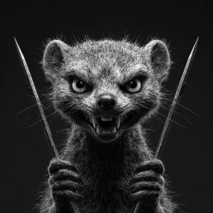 A anthropomorphic mongoose with a wild, crazy smile and intense...