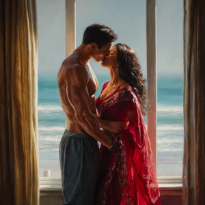 Create a hyperrealism painting of a muscular, sweaty Indian man...