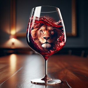 A wine glass sitting on the table, red wine inside of it, a refl...