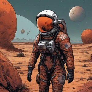 A lone female astronaut in a slightly damaged, high-tech Texas-T...