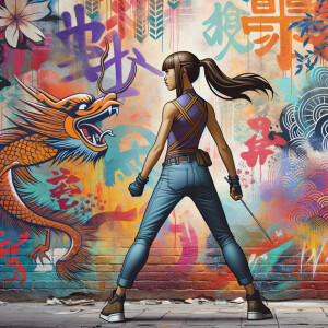 Attractive, Asian teenage girl, long brown hair and bangs, wearing tight skinny jeans and a halter top paint marks on her clothing, backside view heroic pose Asian graffiti