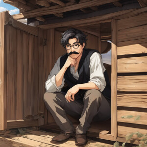 Create an image of a man possessing long brown hair and a mustac...