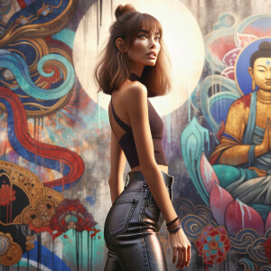 Athletic Thin skinny Attractive, Asian teenage girl, long brown hair and bangs, wearing tight skinny jeans and a halter top paint marks on her clothing, heroic pose Asian graffiti background, backside view