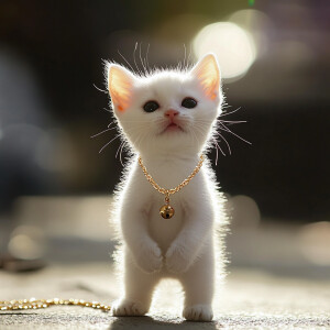 White kitten with a cute face with black eyes standing like a hu...
