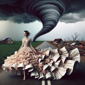 a woman wearing a tornado as a dress, the skirt merges into dark clouds in the sky and swirls pulling objects into it, her hair is wild in the wind, she walks forward her face porcelain white with pale pink lips, the woman wears the dress walking down a country road leaving destruction of houses and farms in her shattered wake