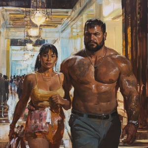 Fantasy painting.A sweaty beefy man walking with his 54 year old...