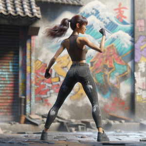 Athletic Thin skinny Attractive, Asian teenage girl, long brown hair and bangs, wearing tight skinny jeans and a halter top paint marks on her clothing, heroic pose Asian graffiti background, backside view