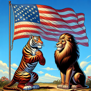 a tiger and a lion saluting the American flag