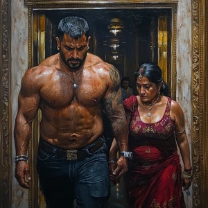 Hyperrealistic painting.A sweaty muscular man, walking with his...